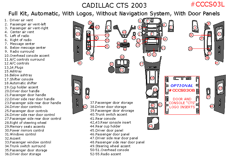 Cadillac CTS 2003, Full Interior Kit, Automatic, With Logos, Without Navigation System, With Door Panels, 55 Pcs. dash trim kits options