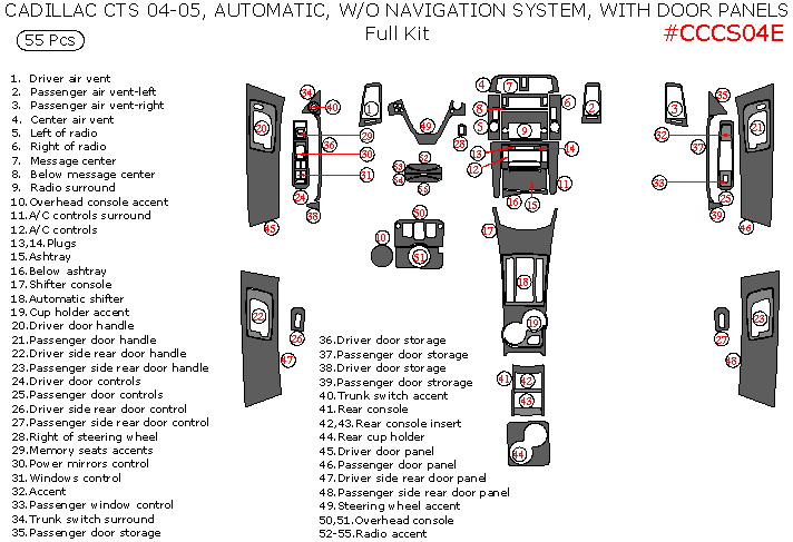 Cadillac CTS 2004-2005, Full Interior Kit, Automatic, Without Navigation System, With Door Panels, 55 Pcs. dash trim kits options