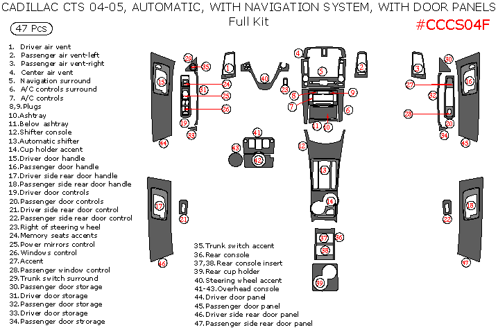 Cadillac CTS 2004-2005, Full Interior Kit, Automatic, With Navigation System, With Door Panels, 47 Pcs. dash trim kits options