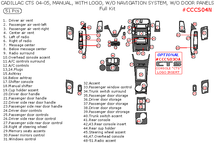 Cadillac CTS 2004-2005, Full Interior Kit, Manual, With Logos, Without Navigation System, Without Door Panels, 51 Pcs. dash trim kits options