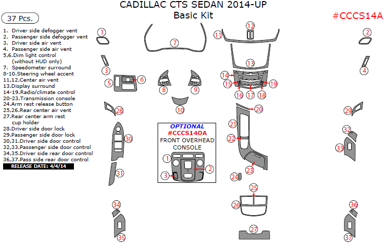 Cadillac CTS 2014, 2015, 2016, 2017, Basic Interior Kit (Sedan Only), 37 Pcs. dash trim kits options