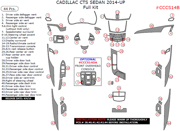 Cadillac CTS 2014, 2015, 2016, 2017, Full Interior Kit (Sedan Only), 44 Pcs. dash trim kits options
