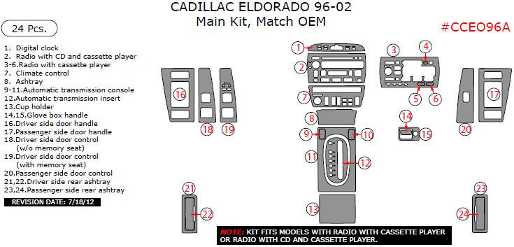 Cadillac Eldorado 1996, 1997, 1998, 1999, 2000, 2001, 2002, Main Interior Kit, 24 Pcs., Match OEM dash trim kits options