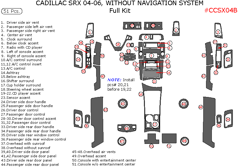 Cadillac SRX 2004, 2005, 2006, Full Interior Kit, Without Navigation System, 51 Pcs. dash trim kits options
