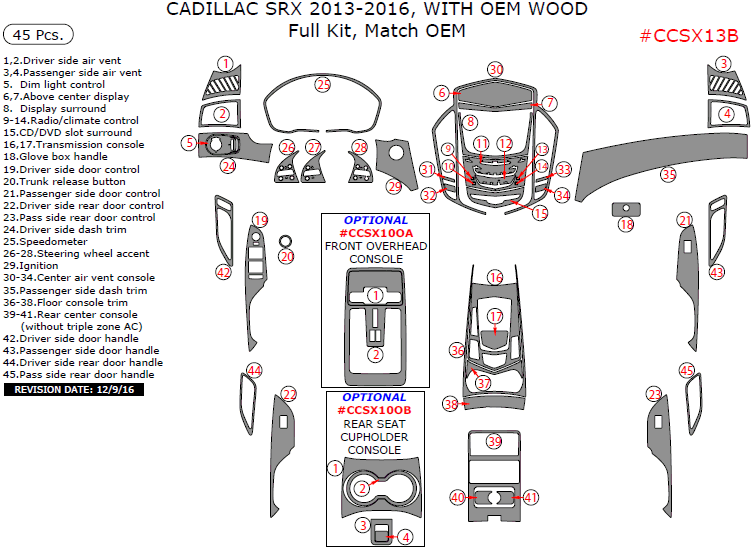 Cadillac SRX 2013, 2014, 2015, 2016, Full Interior Kit (With OEM Wood), 45 Pcs., Match OEM dash trim kits options