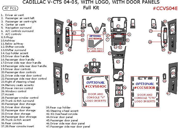 Cadillac CTS/V-CTS 2004-2005, Full Interior Kit, With Logos, With Door Panels, 47 Pcs. dash trim kits options