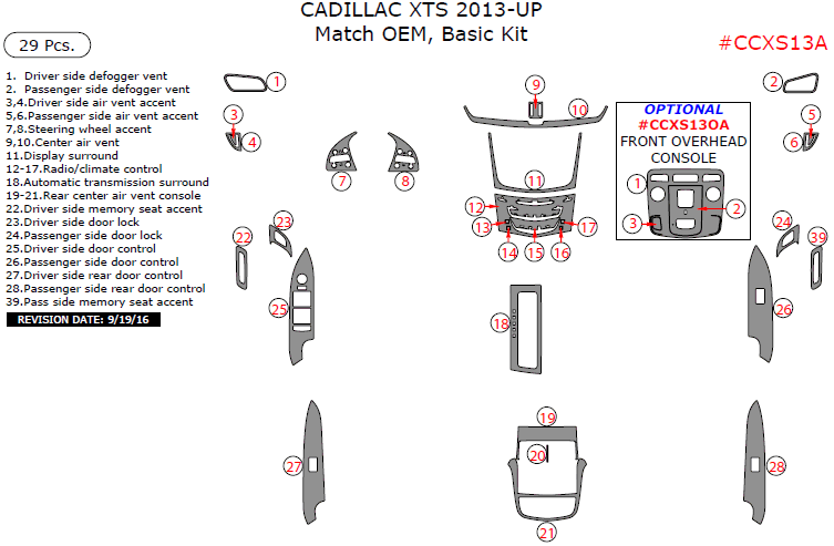 Cadillac XTS 2013, 2014, 2015, 2016, 2017, 2018, Basic Interior Kit, 29 Pcs., Match OEM dash trim kits options