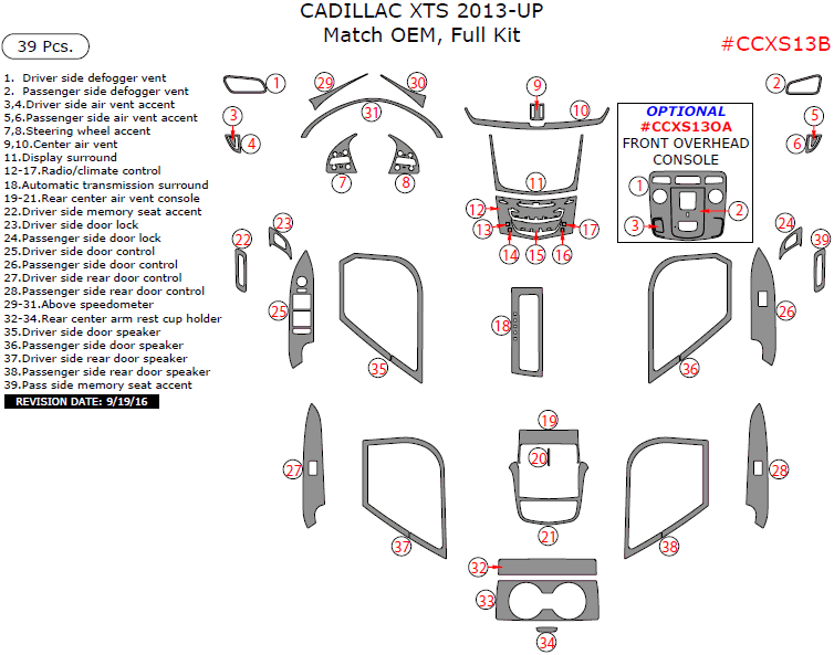 Cadillac XTS 2013, 2014, 2015, 2017, Full Interior Kit, 39 Pcs., Match OEM dash trim kits options