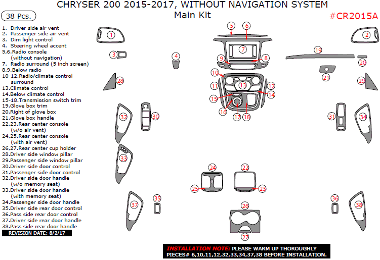Chrysler 200 2015, 2016, 2017, Without Navigation System, Main Interior Kit, 38 Pcs. dash trim kits options