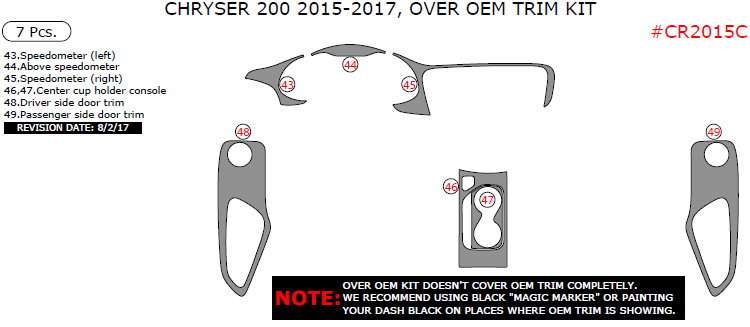 Chrysler 200 2015, 2016, 2017, Over OEM Interior Trim Kit, 7 Pcs. dash trim kits options