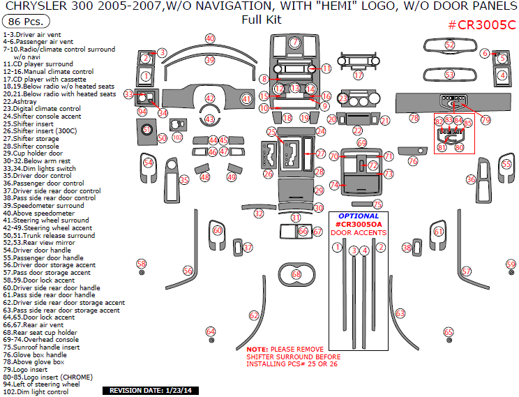 Chrysler 300 2005, 2006, 2007, W/o Navigation, Full Interior Kit, With "HEMI" Logo, W/o Door Panels, 86 Pcs. dash trim kits options