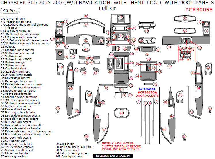 Chrysler 300 2005, 2006, 2007, W/o Navigation, Full Interior Kit, With "HEMI" Logo, With Door Panels, 90 Pcs. dash trim kits options