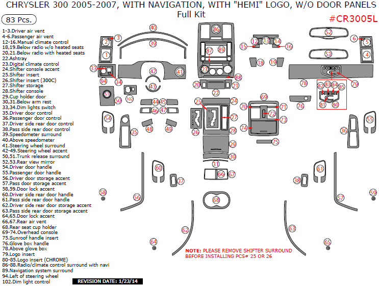 Chrysler 300 2005, 2006, 2007, With Navigation, Full Interior Kit, With "HEMI" Logo, W/o Door Panels, 83 Pcs. dash trim kits options