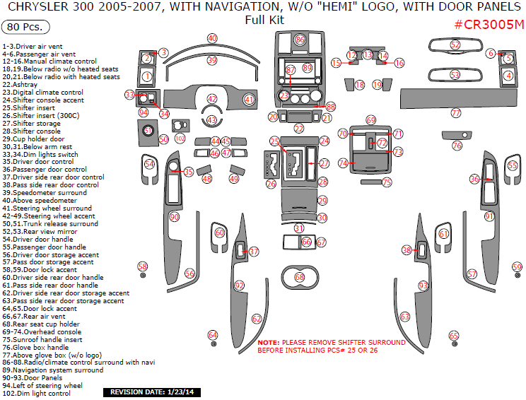 Chrysler 300 2005, 2006, 2007, With Navigation, Full Interior Kit, W/o "HEMI" Logo, With Door Panels, 80 Pcs. dash trim kits options