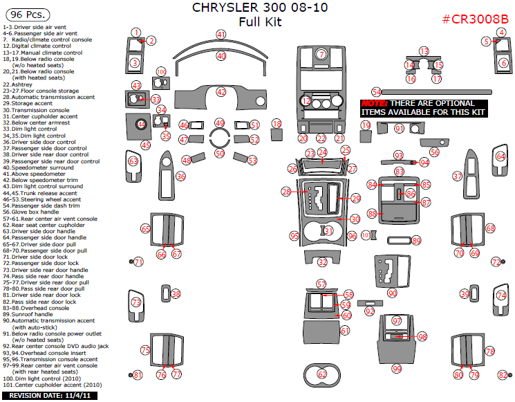 Chrysler 300 2008, 2009, 2010, Full Interior Kit, 96 Pcs. dash trim kits options