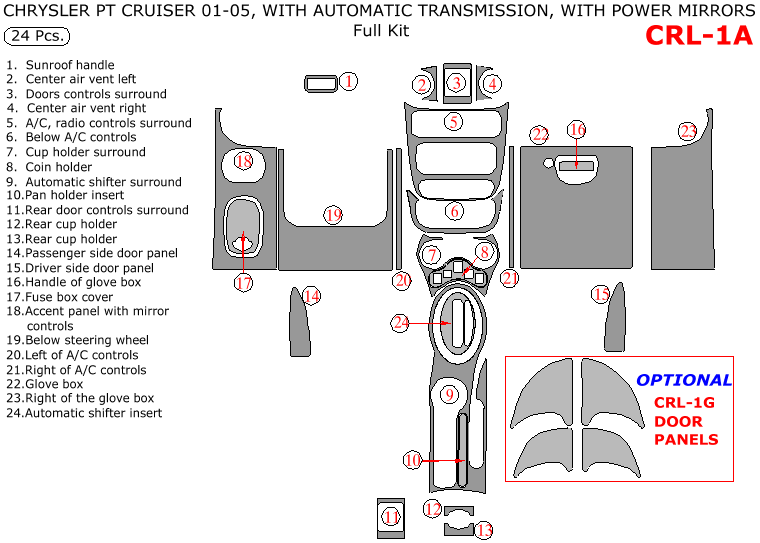 Chrysler PT Cruiser 2001, 2002, 2003, 2004, 2005, Full Interior Kit, With Power Mirrors, Automatic, 24 Pcs. dash trim kits options