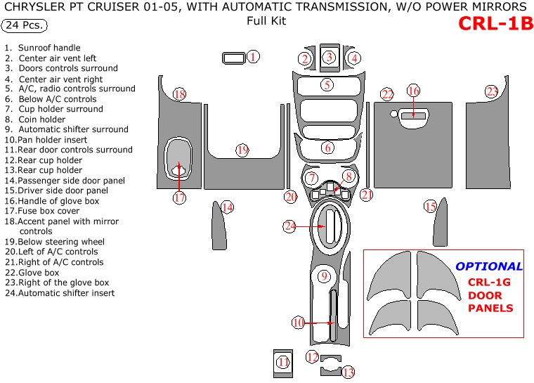 Chrysler PT Cruiser 2001, 2002, 2003, 2004, 2005, Full Interior Kit, Without Power Mirrors, Automatic, 24 Pcs. dash trim kits options