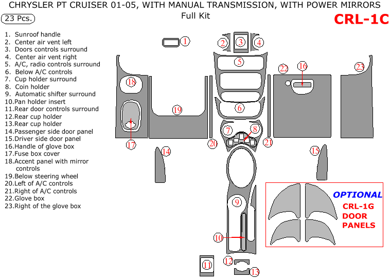 Chrysler PT Cruiser 2001, 2002, 2003, 2004, 2005, Full Interior Kit, With Power Mirrors, Manual, 23 Pcs. dash trim kits options