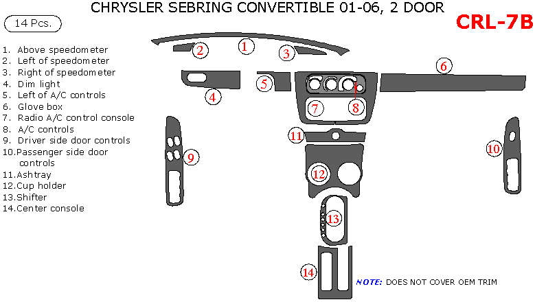 Chrysler Sebring 2001, 2002, 2003, 2004, 2005, 2006, Interior Kit, Convertible, 2 Dr, 14 Pcs dash trim kits options