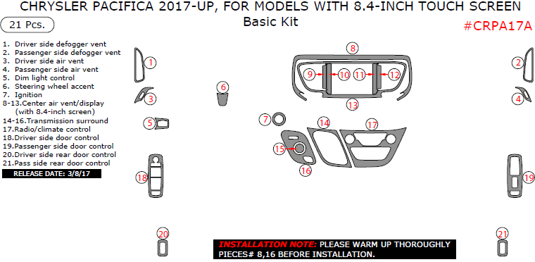 Chrysler Pacifica 2017-2018, For Models With 8.4-Inch Touch Screen, Basic Interior Kit, 21 Pcs. dash trim kits options