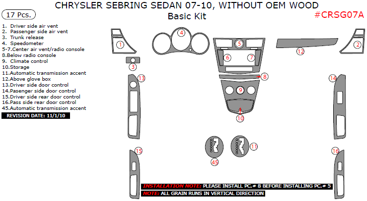 Chrysler Sebring 2007, 2008, 2009, 2010, Sedan, Without OEM Wood, Basic Interior Kit, 17 Pcs. dash trim kits options