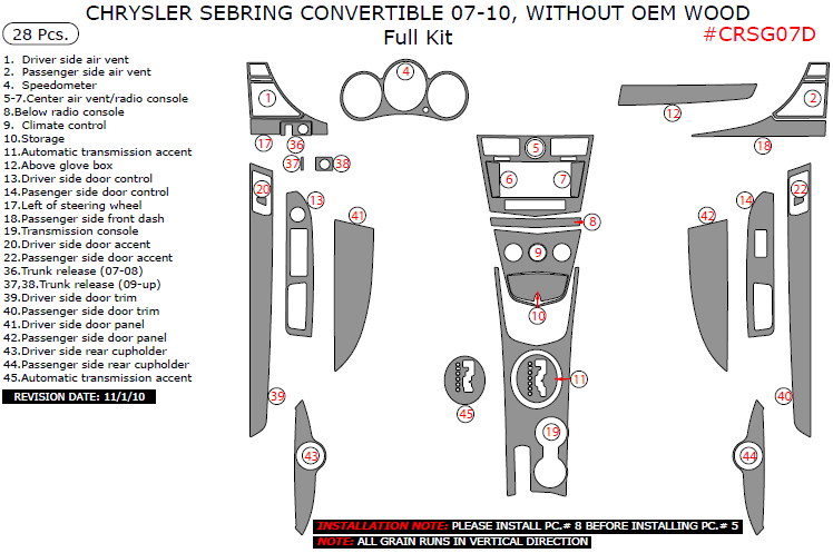 Chrysler Sebring 2007, 2008, 2009, 2010, Convertible, Without OEM Wood, Full Interior Kit, 28 Pcs. dash trim kits options