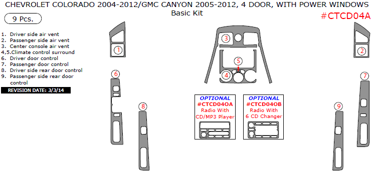 Chevrolet Colorado 2004, 2005, 2006, 2007, 2008, 2009, 2010, 2011, 2012, GMC Canyon 2005-2012, 4 Door, With Power Windows, Basic Interior Kit, 9 Pcs. dash trim kits options