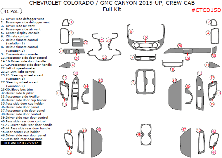 Chevrolet Colorado / GMC Canyon 2015, 2016, 2017, 2018, Crew Cab, Full Interior Kit, 41 Pcs. dash trim kits options