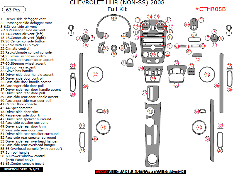 Chevrolet HHR 2008, (Non-SS) Full Interior Kit, 63 Pcs. dash trim kits options