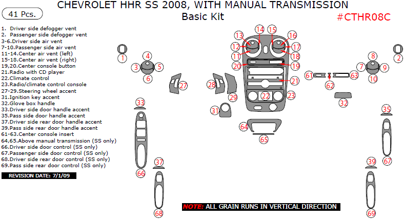 Chevrolet HHR 2008, (SS Only) With Manual Transmission, Basic Interior Kit, 41 Pcs. dash trim kits options