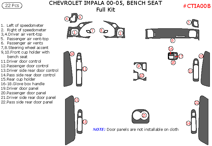 Chevrolet Impala 2000, 2001, 2002, 2003, 2004, 2005, Bench Seat, Full Interior Kit, 22 Pcs., Match OEM dash trim kits options