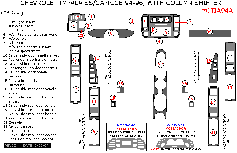 Chevrolet Caprice 1994, 1995, 1996, Chevrolet Impala 1994, 1995, 1996, Interior Dash Kit, With Column Shifter, 26 Pcs. dash trim kits options