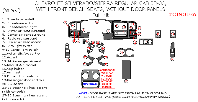 Chevrolet Silverado 2003, 2004, 2005, 2006, GMC Sierra 2003, 2004, 2005, 2006, With Front Bench Seat, Full Interior Kit, Without Door Panels, 30 Pcs. dash trim kits options