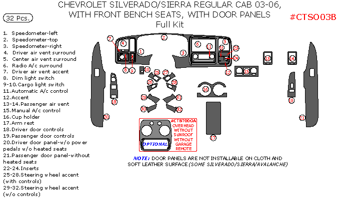 Chevrolet Silverado 2003, 2004, 2005, 2006, GMC Sierra 2003, 2004, 2005, 2006, With Front Bench Seat, Full Interior Kit, With Door Panels, 32 Pcs. dash trim kits options