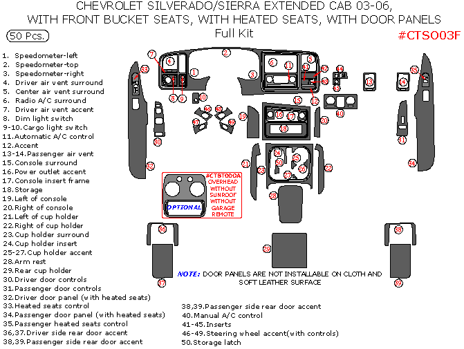 Chevrolet Silverado 2003, 2004, 2005, 2006, GMC Sierra 2003, 2004, 2005, 2006, With Front Bucket Seats, With Heated Seats, Full Interior Kit, With Door Panels, 50 Pcs. dash trim kits options