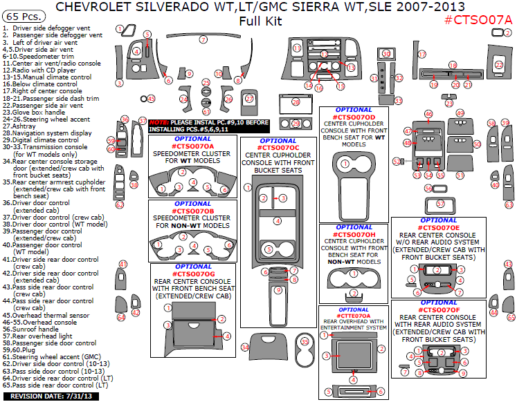 Chevrolet Silverado WT,LT/GMC Sierra WT,SLE 2007, 2008, 2009, 2010, 2011, 2012, 2013, Full Interior Kit, 65 Pcs. dash trim kits options