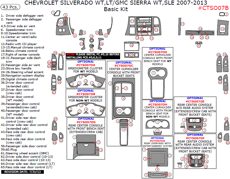 Chevrolet Silverado WT,LT/GMC Sierra WT,SLE 2007, 2008, 2009, 2010, 2011, 2012, 2013, Basic Interior Kit, 43 Pcs. dash trim kits options