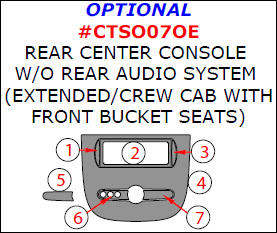 Chevrolet Silverado WT,LT/GMC Sierra WT, SLE 2007, 2008, 2009, 2010, 2011, 2012, 2013, Interior Kit, Optional Rear Center Console W/o Rear Audio System(Extended/Crew Cab With Front Bucket Seats), 7 Pcs. dash trim kits options