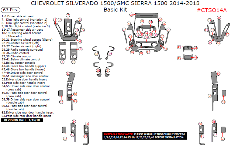 Chevrolet Silverado 1500/GMC Sierra 1500 2014, 2015, 2016, 2017, 2018, Basic Interior Kit, 63 Pcs. dash trim kits options