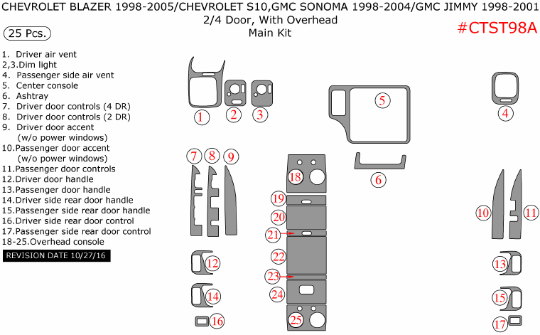 Chevrolet Blazer 1998, 1999, 2000, 2001, 2002, 2003, 2004, 2005/Chevrolet S10,GMC Sonoma 1998-2004/GMC Jimmy 1998-2001, 2/4 Door, With Overhead, Main Interior Kit, 25 Pcs. dash trim kits options