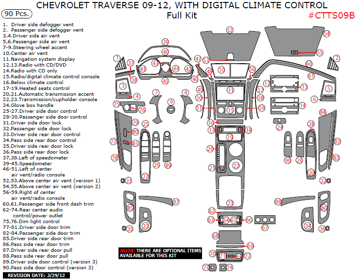 Chevrolet Traverse 2009, 2010, 2011, 2012, With Digital Climate Control, Full Interior Kit, 90 Pcs. dash trim kits options