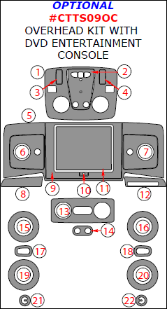Chevrolet Traverse 2009, 2010, 2011, 2012, Optional Overhead Kit With DVD Entertainment Console Interior Kit, 22 Pcs. dash trim kits options