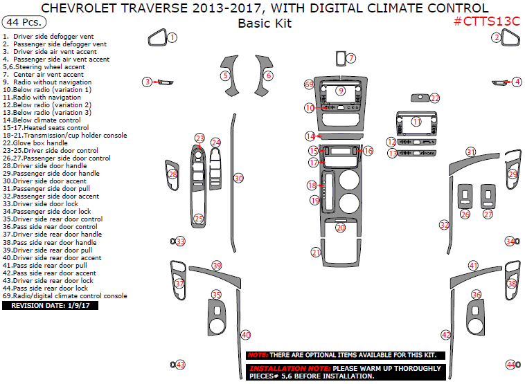 Chevrolet Traverse 2013, 2014, 2015, 2016, 2017, With Digital Climate Control, Basic Interior Kit, 44 Pcs. dash trim kits options
