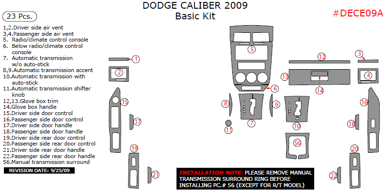 Dodge Caliber 2009, Basic Interior Kit, 23 Pcs. dash trim kits options