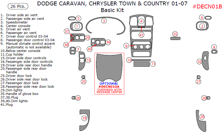 Chrysler Town & Country / Dodge Caravan 2001, 2002, 2003, 2004, 2005, 2006, 2007, Basic Interior Kit, 26 Pcs. dash trim kits options