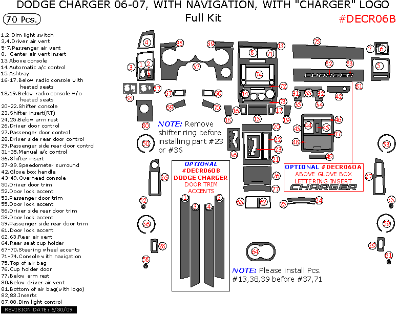 Dodge Charger 2006-2007, With Navigation, With "Charger" Logo, Full Interior Kit, 70 Pcs. dash trim kits options