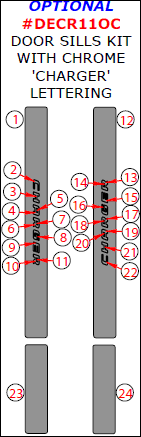 Dodge Charger 2011, 2012, 2013, 2014, 2015, 2016, 2017, 2018, 2019, 2020, 2021, 2022, 2023, 2024, 2025 Optional Door Sills Interior Kit With Chrome 'Charger' Lettering, 24 Pcs. dash trim kits options