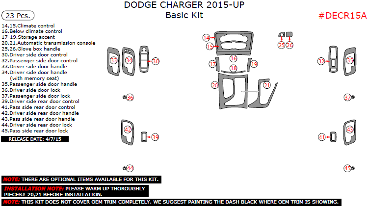 Dodge Charger 2015, 2016, 2017, 2018, 2019, 2020, 2021, 2022, 2023, 2024, 2025 Basic Interior Kit, 23 Pcs. dash trim kits options