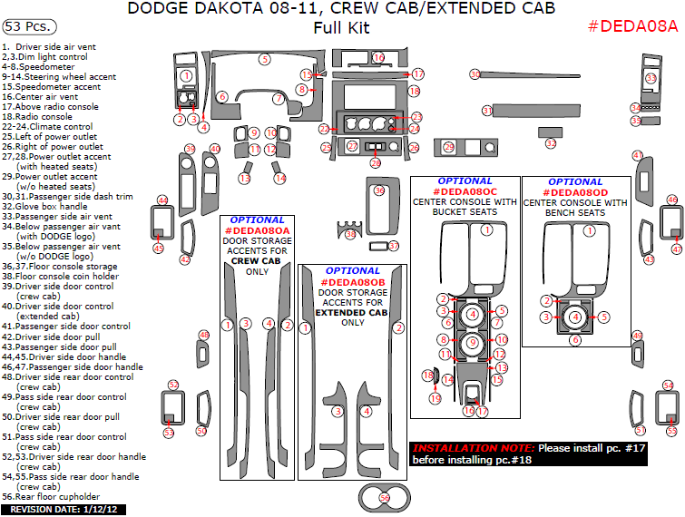 Dodge Dakota 2008, 2009, 2010, 2011, Crew Cab/Extended Cab, Full Interior Kit, 53 Pcs. dash trim kits options