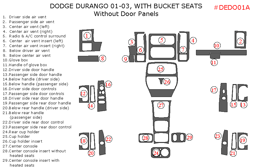 Dodge Durango 2001, 2002, 2003, Interior Dash Kit, With Bucket Seats, Without Door Panels, 29 Pcs. dash trim kits options